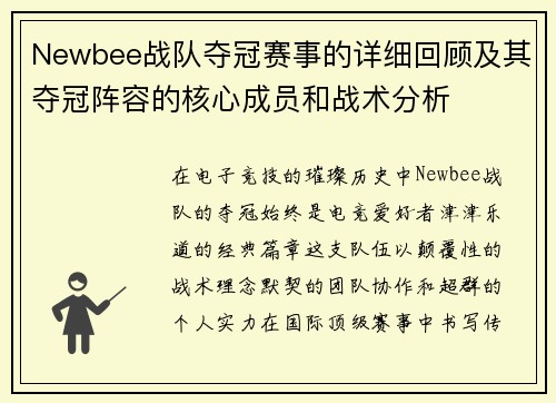 Newbee战队夺冠赛事的详细回顾及其夺冠阵容的核心成员和战术分析