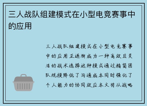 三人战队组建模式在小型电竞赛事中的应用